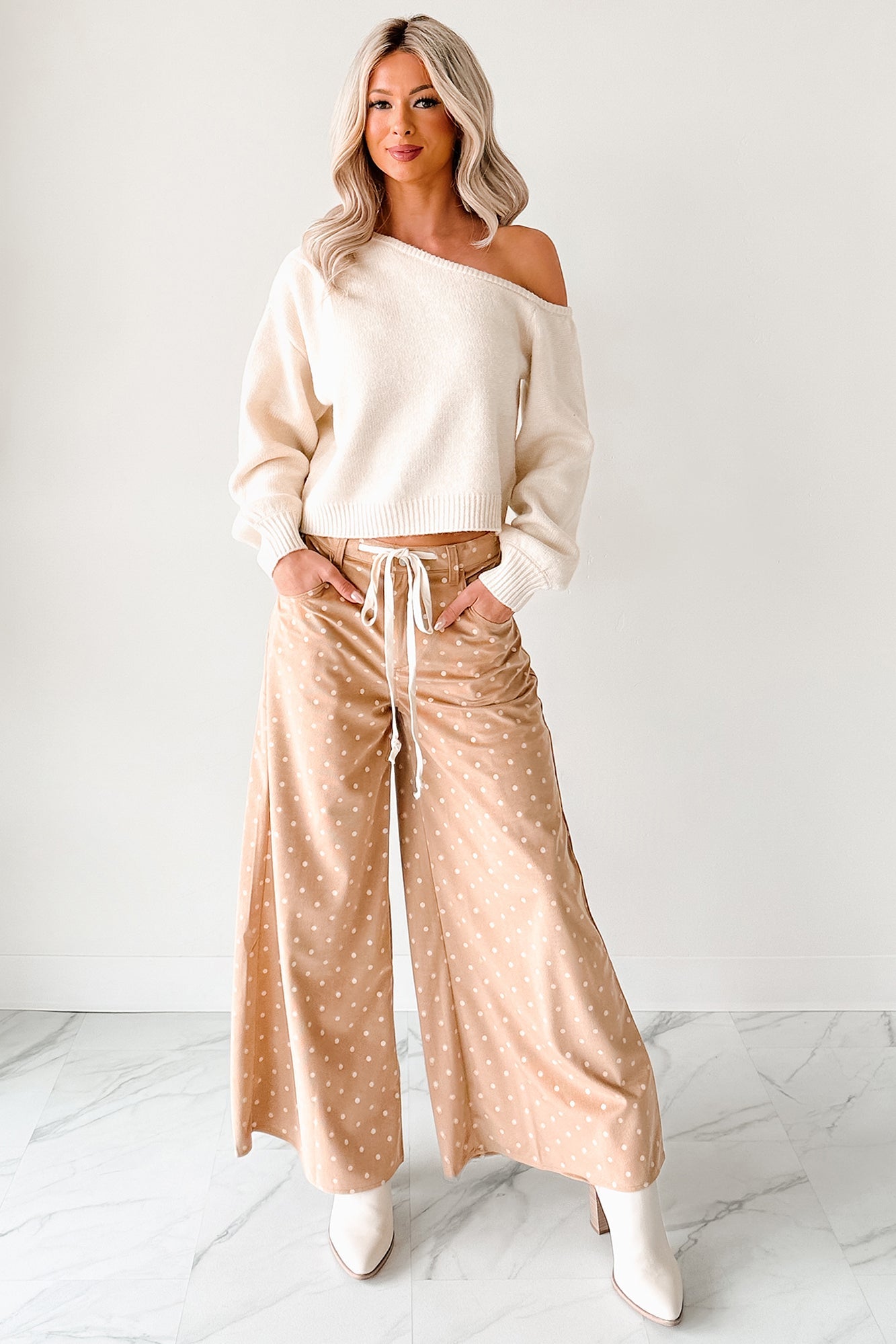 Virgina Drawstring Polka-Dot NoaBoa Pants (Mocha)