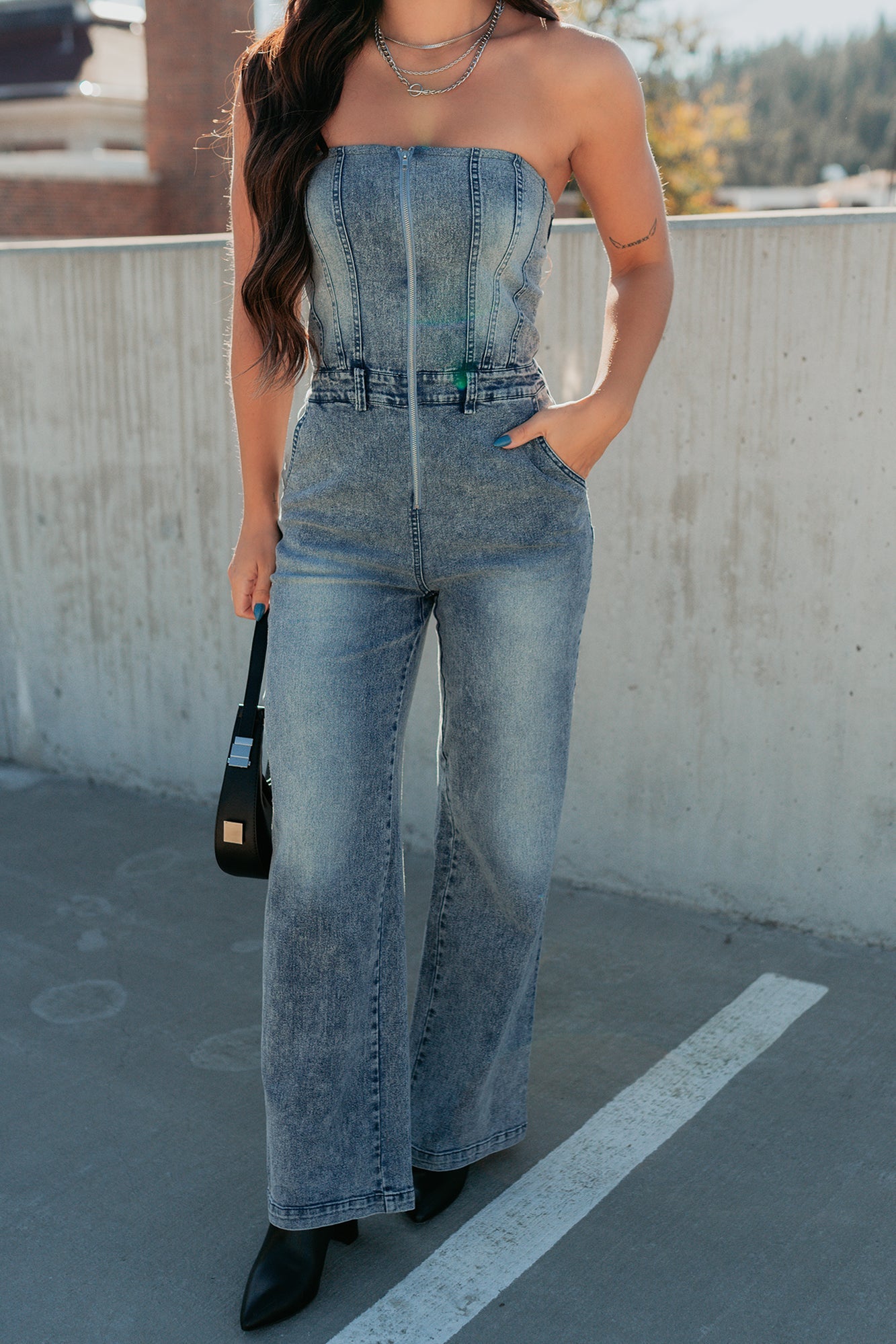 Your Idol Denim Strapless Wide Leg Jumpsuit (Medium Wash)