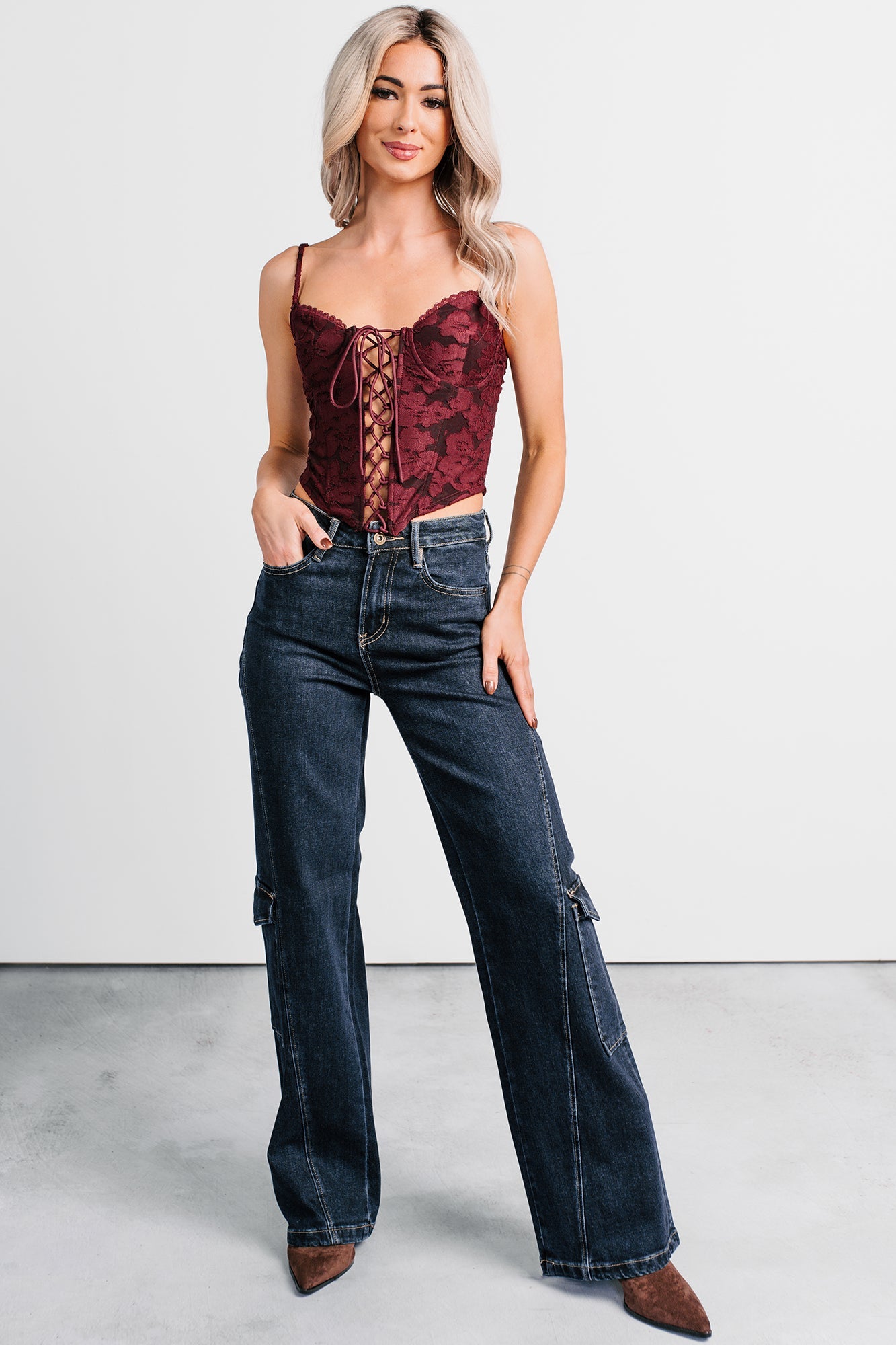 Urban Darling Floral Corset Crop Top (Burgundy)