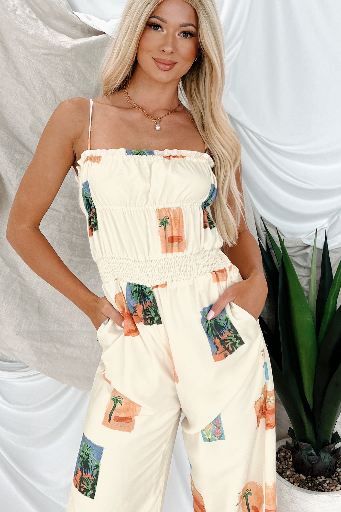Sun & Done Printed Wide Leg Jumpsuit (Cream)