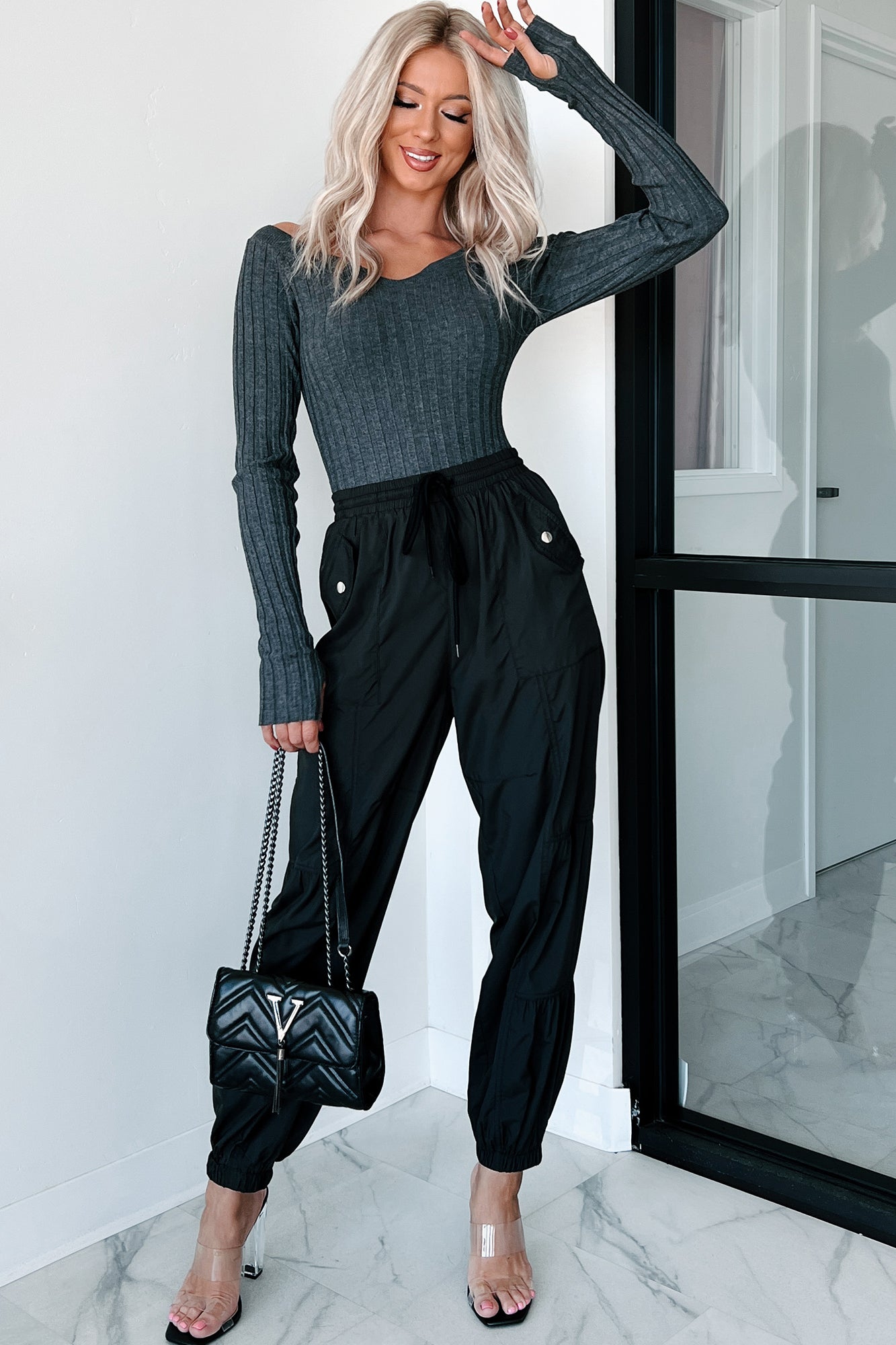 London Landscape Off Shoulder Bodysuit (Charcoal)