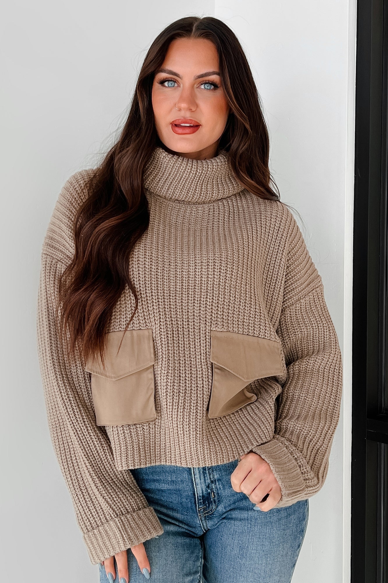 Tell Me Everything Cowl Neck Cargo Sweater (Taupe)