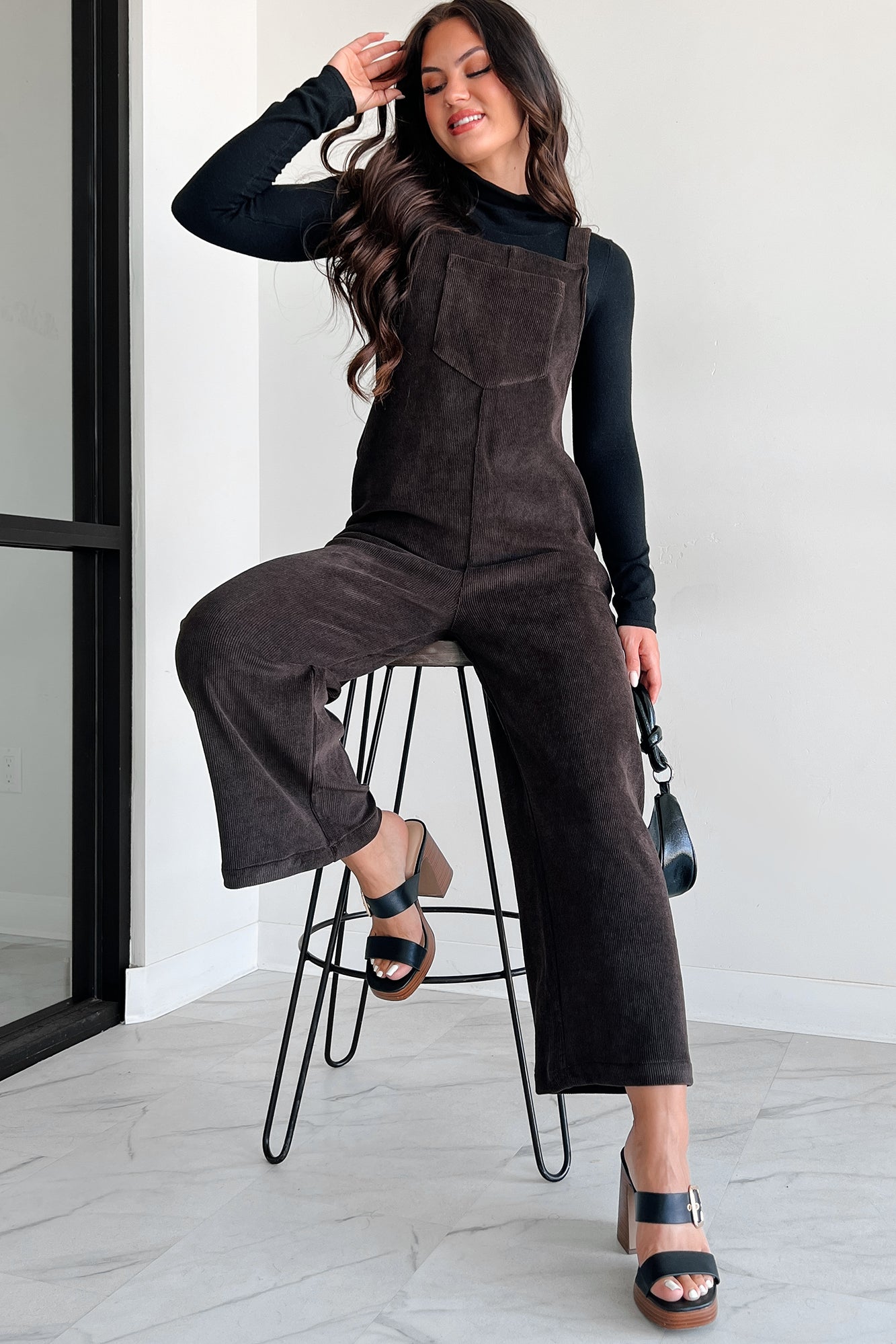 Playful Impression Soft Corduroy Overall Jumpsuit (Dark Brown)