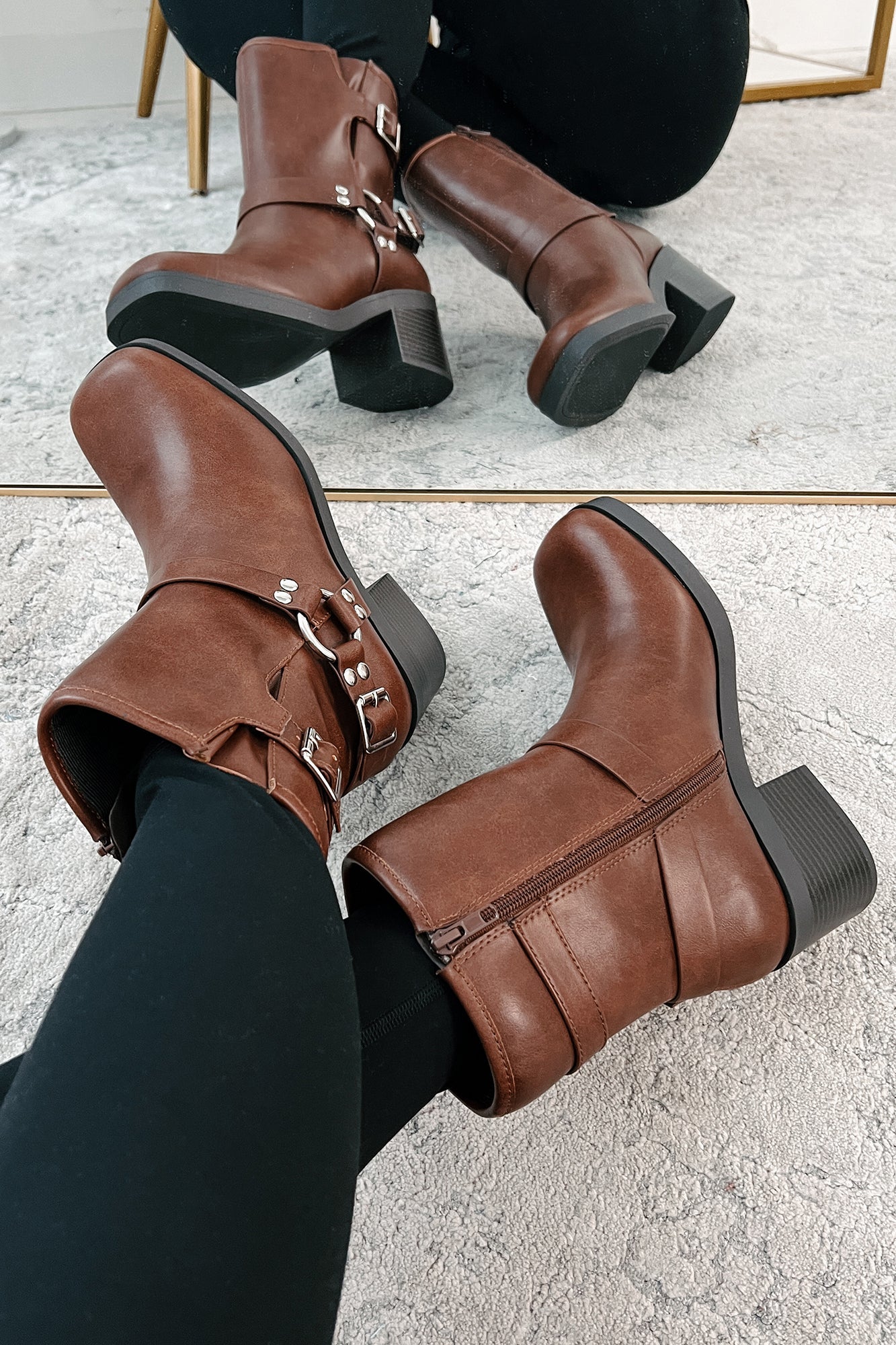 Tough As Nails Buckle Strap Chunky Biker Booties (Brown)