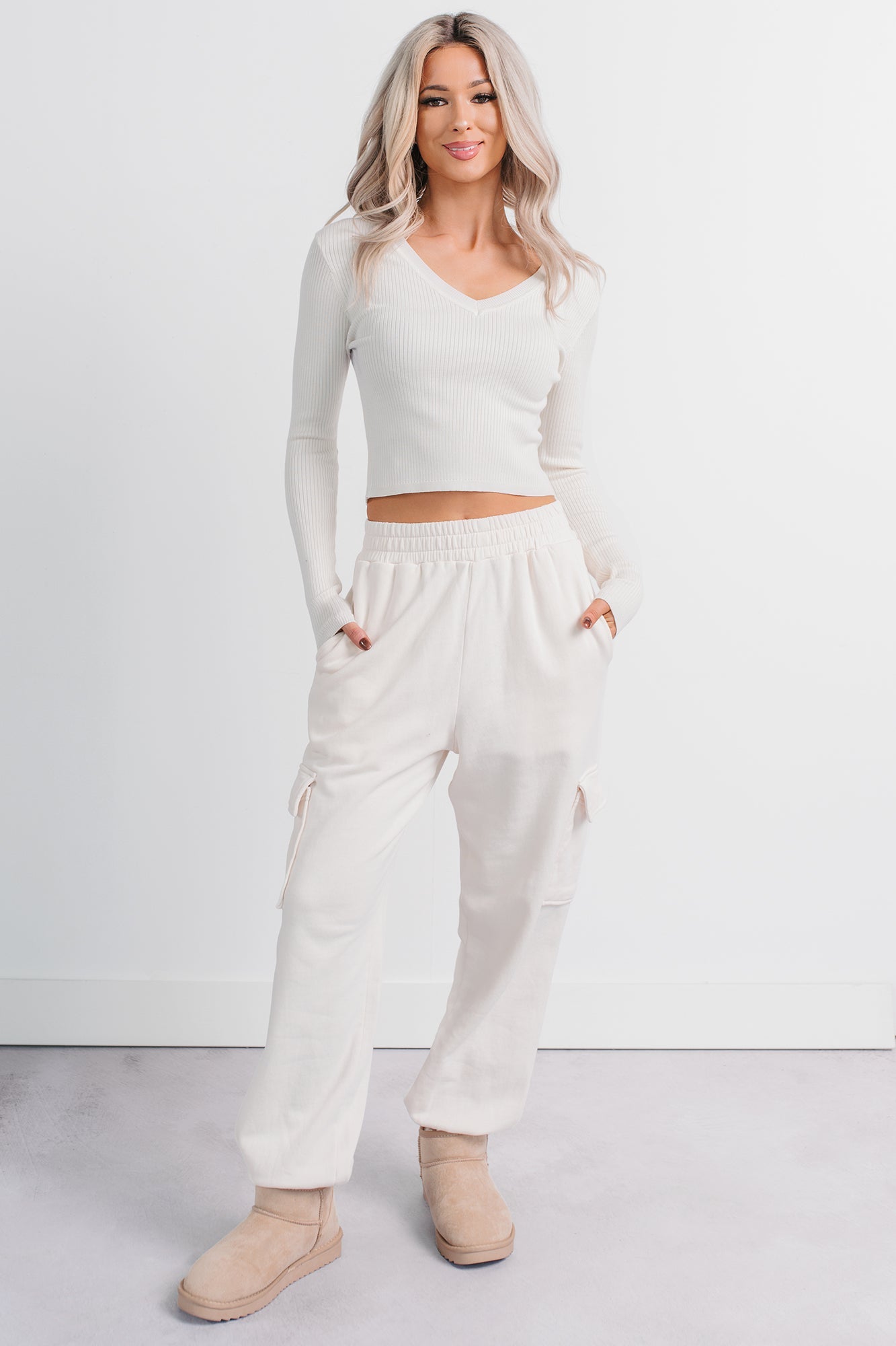Practicing Patience Fleece Cargo Joggers (Ivory)