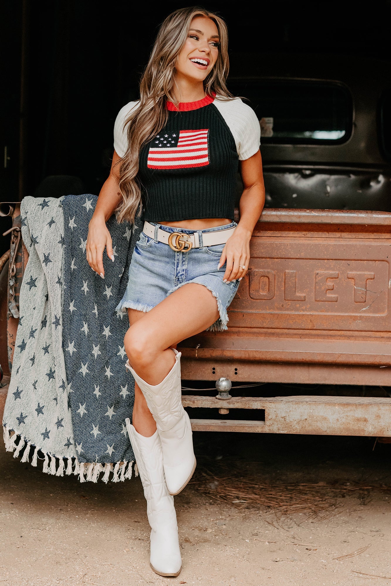 Starlet Style USA Flag Sweater Top (Black/White)
