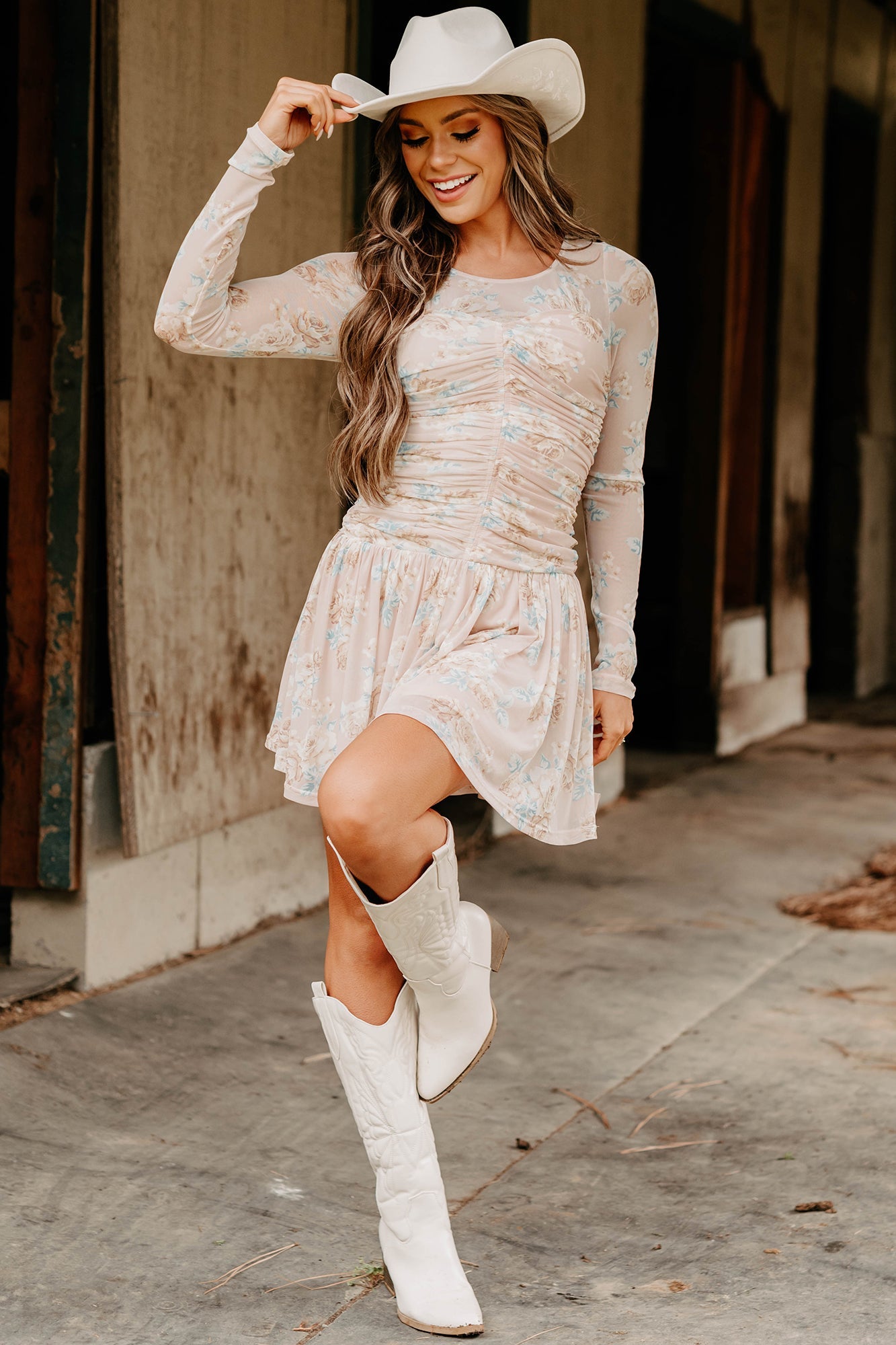 Sweet As Summer Floral Ruched Mini Dress (Blush)