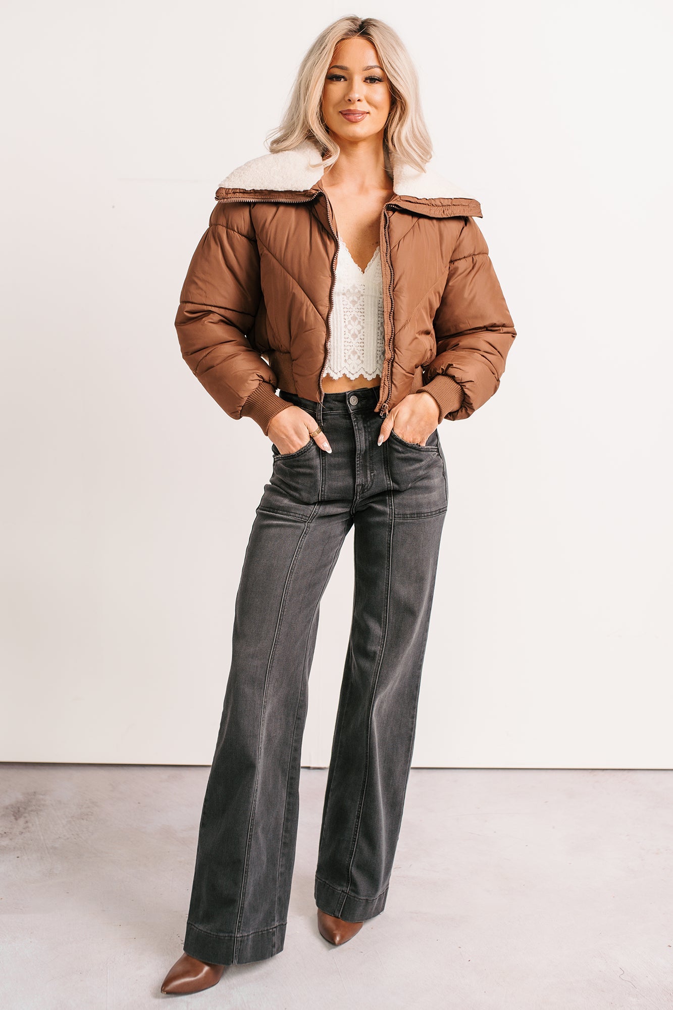 Up To Snow Good Quilted Puff Jacket (Brown)