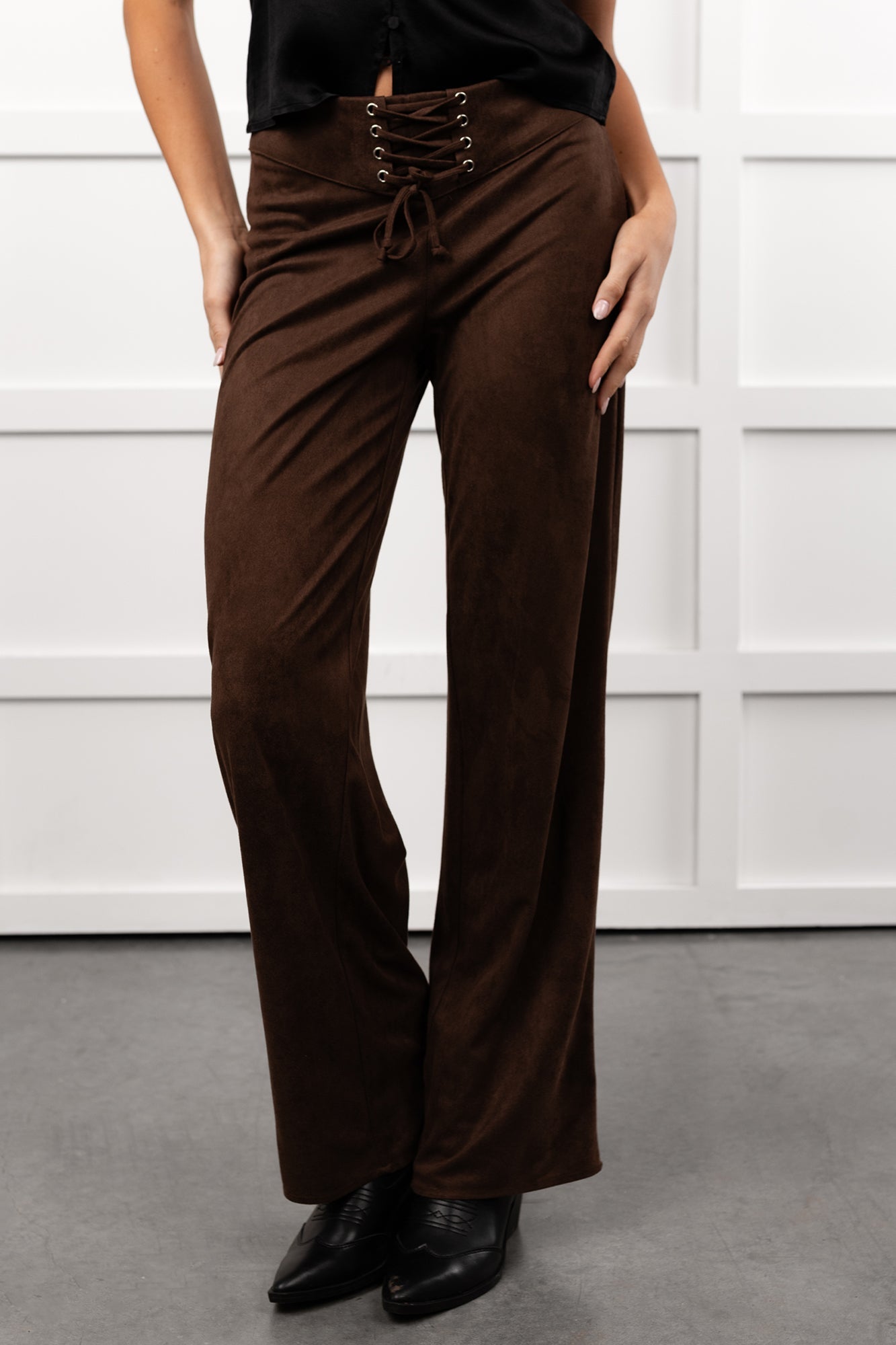 Unmatched Charm Lace-Up Suede Pants (Brown)