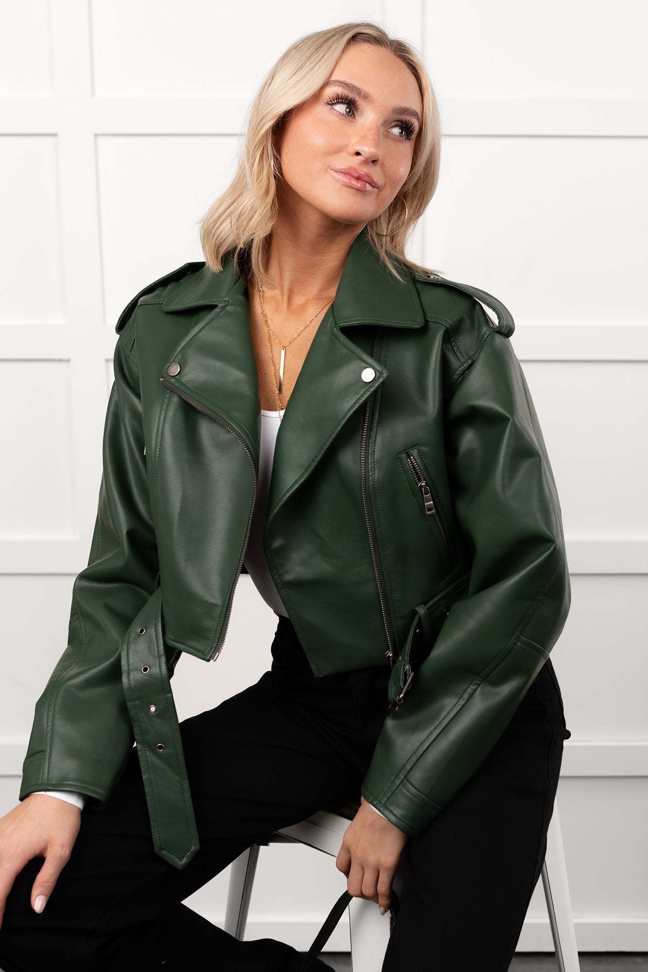 Rule Maker Faux Leather Cropped Jacket (Hunter Green)