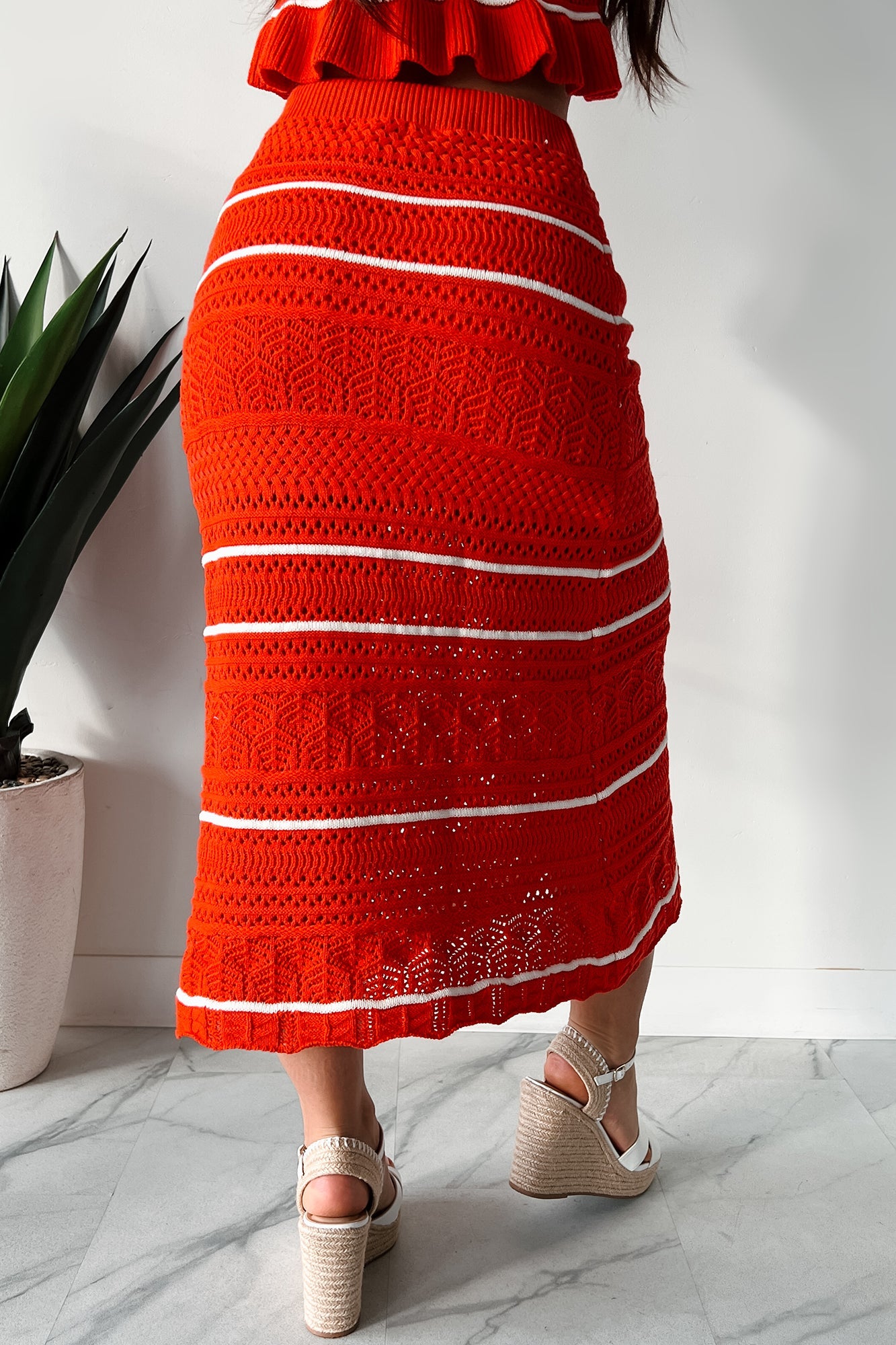 Playful & Pretty Open Knit Sweater Midi Skirt (Red Orange)
