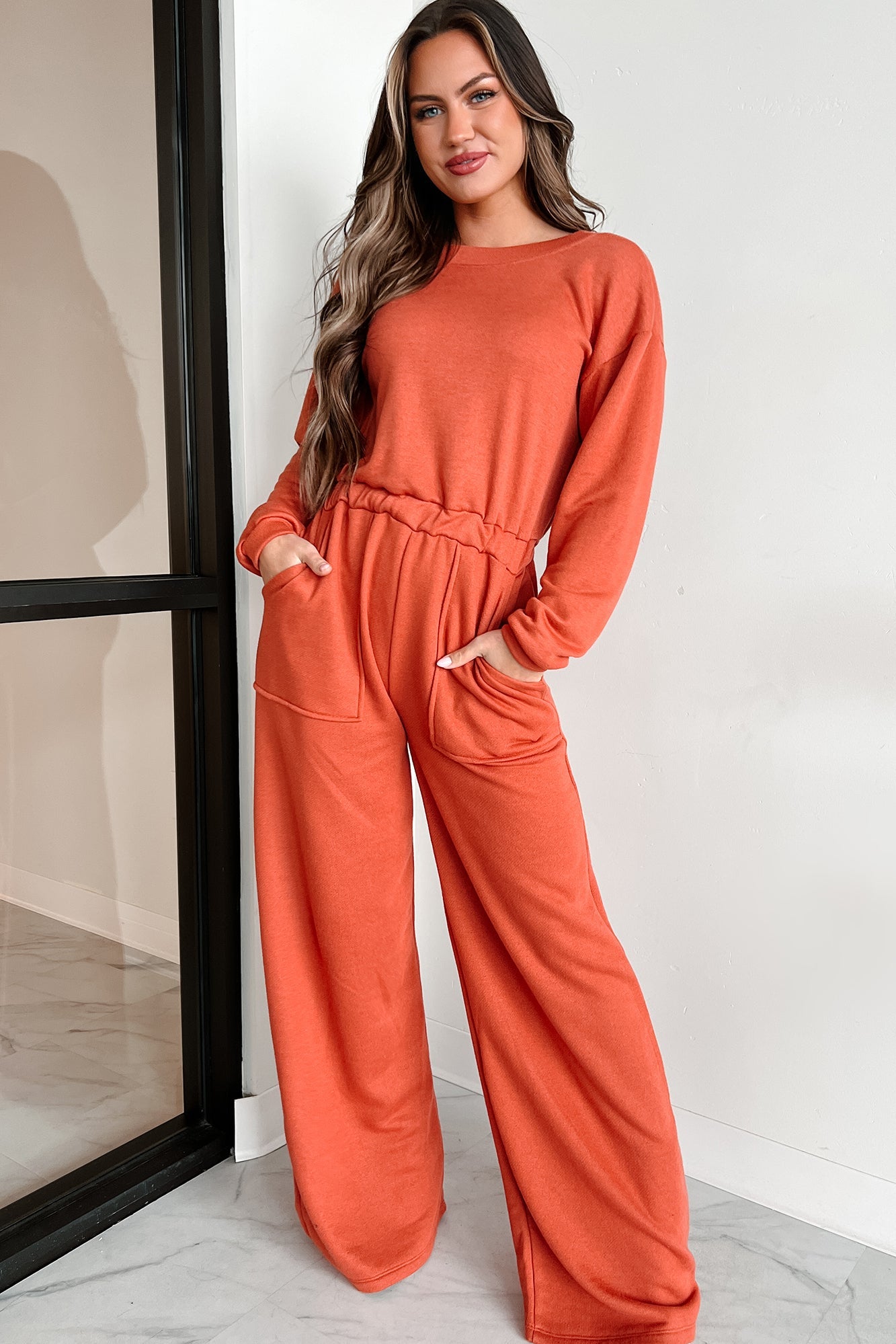 Plausible Deniability Long Sleeve Wide Leg Jumpsuit (Rust)