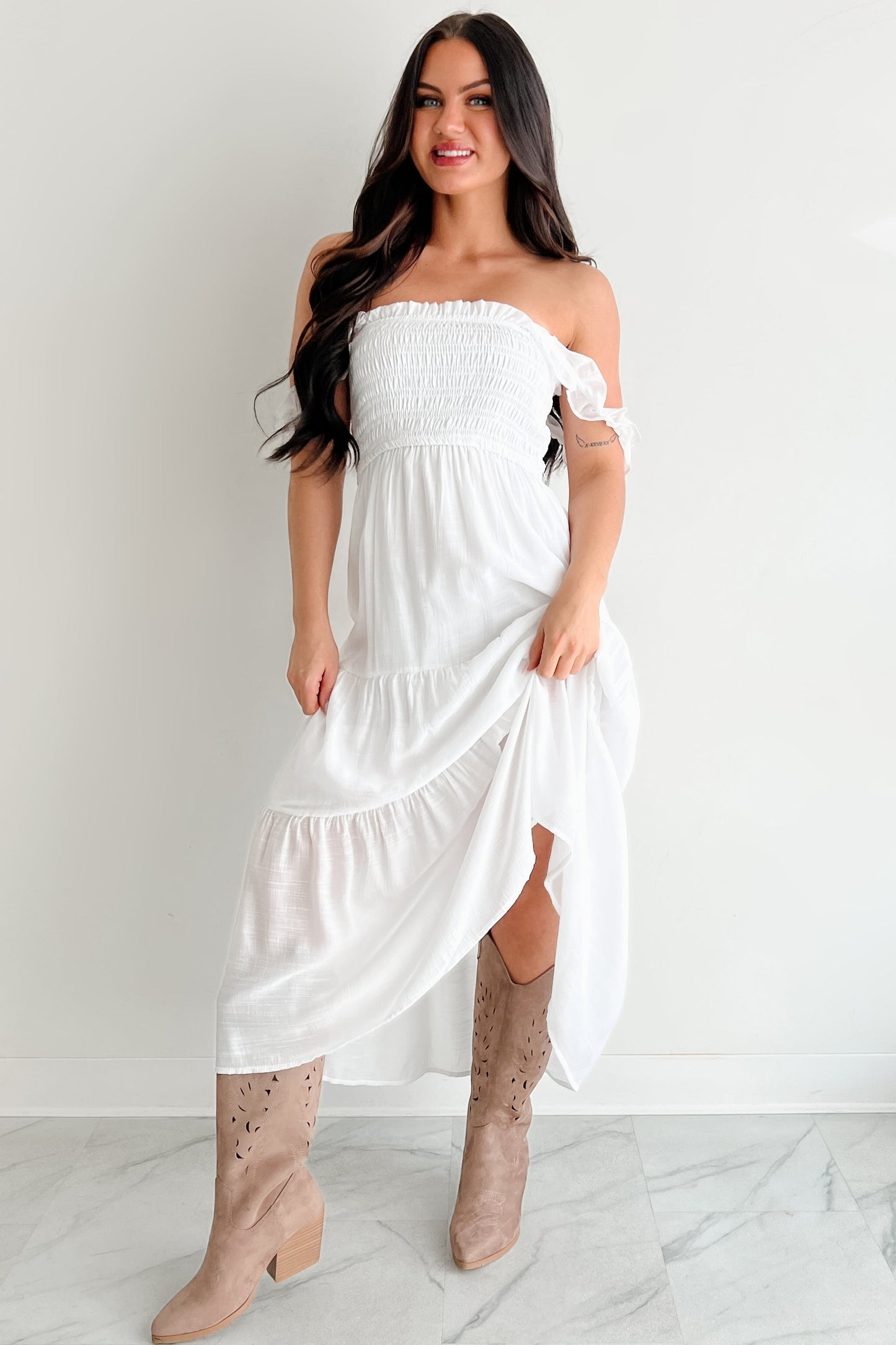Wild Roots Sleeveless Smocked Maxi Dress (White)