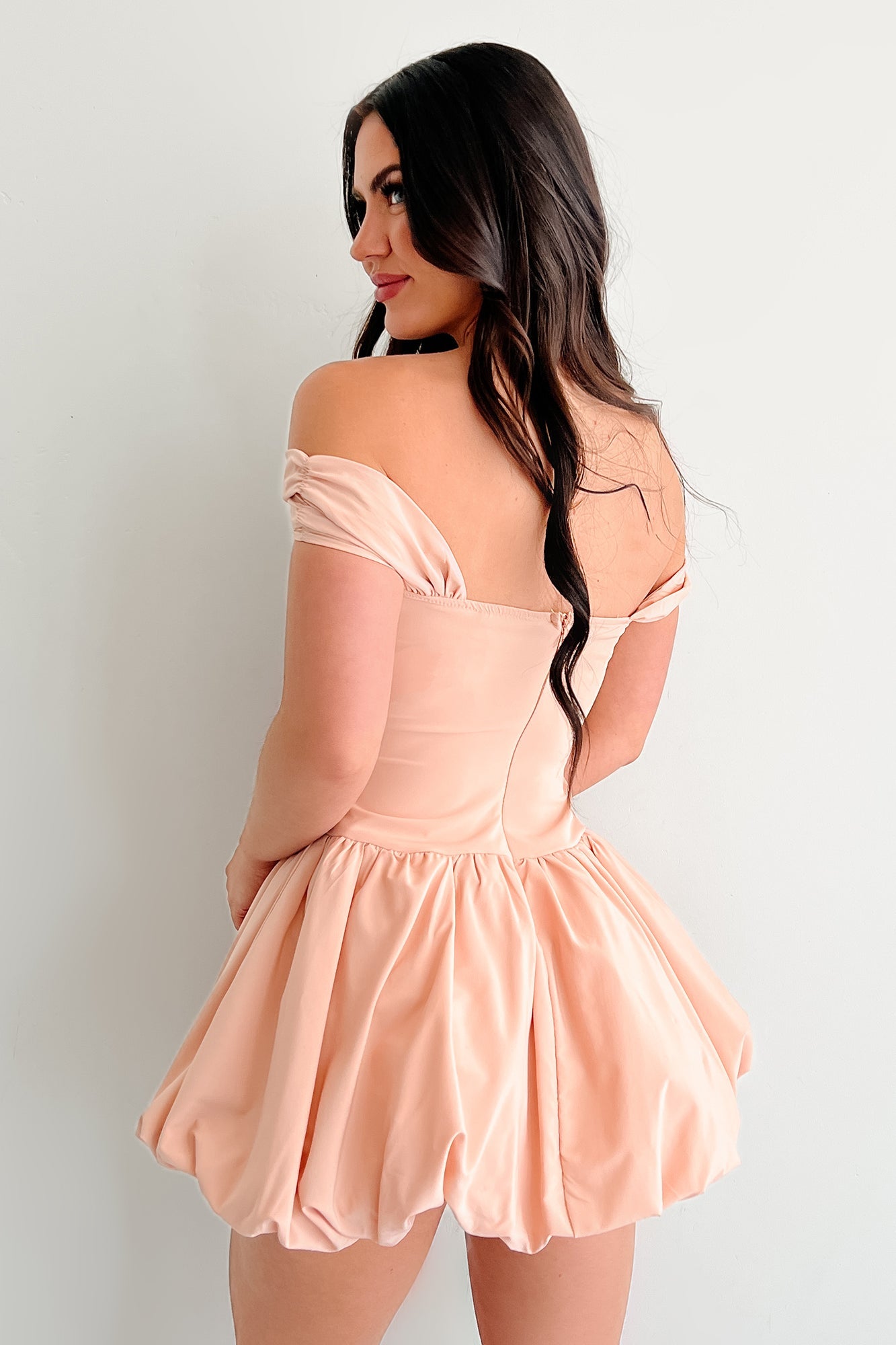 Quiet Hour Off Shoulder Bubble Mini Dress (Warm Peach)