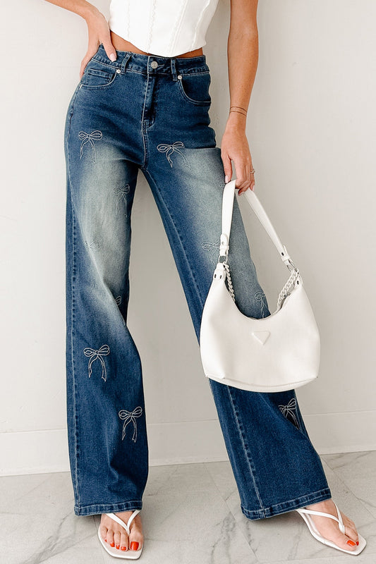 Soft & Sweet High Rise Straight Leg Bow Jeans (Med Wash)