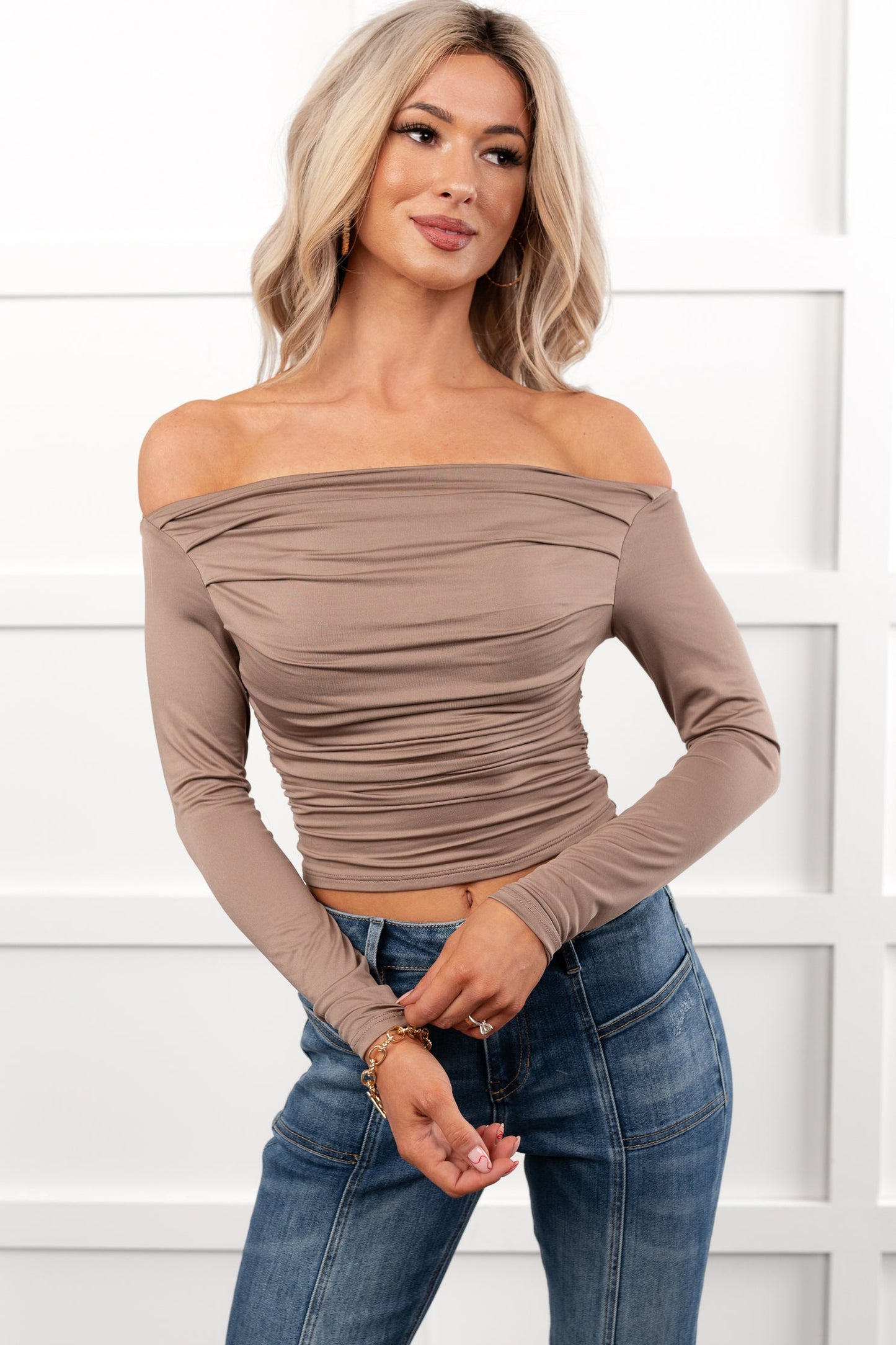 Rosy Reality Boat Neck Long Sleeve Crop Top (Taupe)
