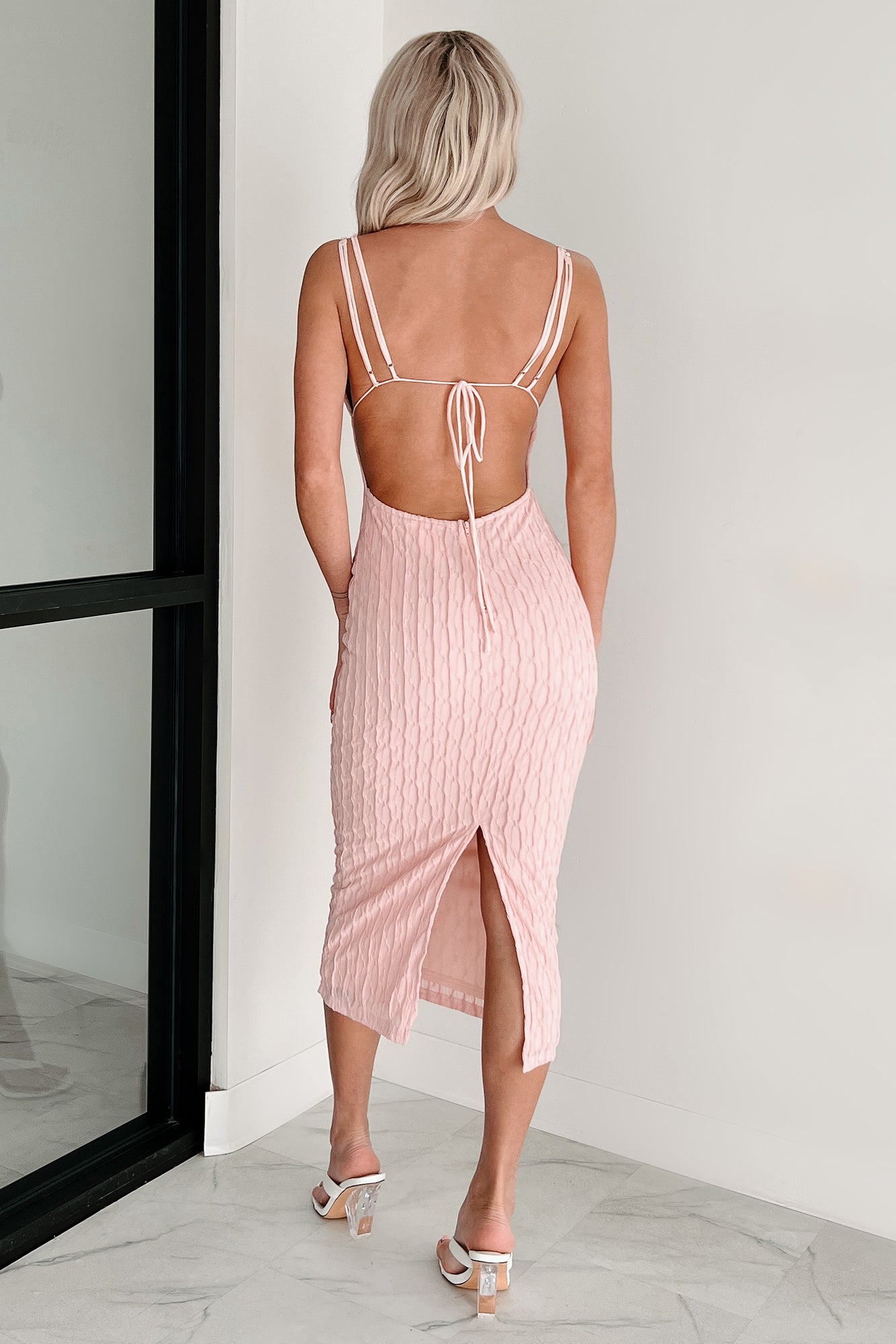 Serenely Sweet Textured Bodycon Midi Dress (Pink)