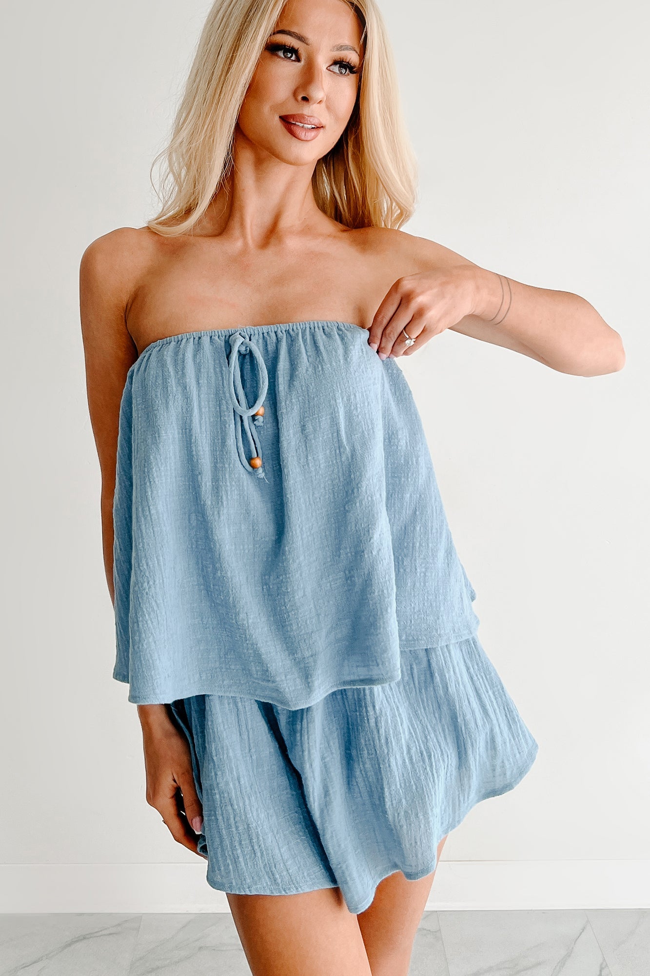Unchained Melody Strapless Flounce Skort Romper (Blue)