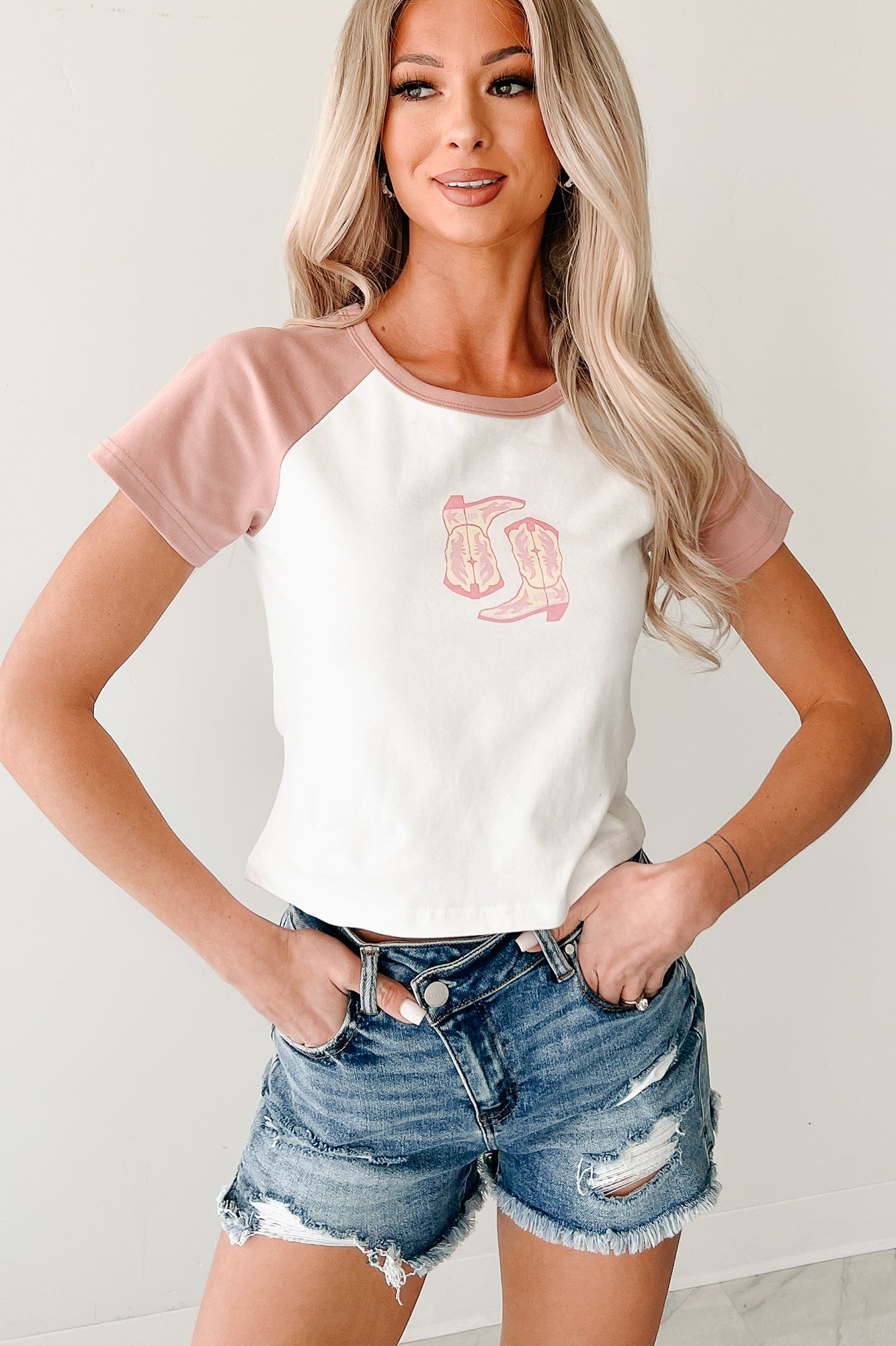 Southern Heart Cowboy Boot Graphic Tee (White/Blush)