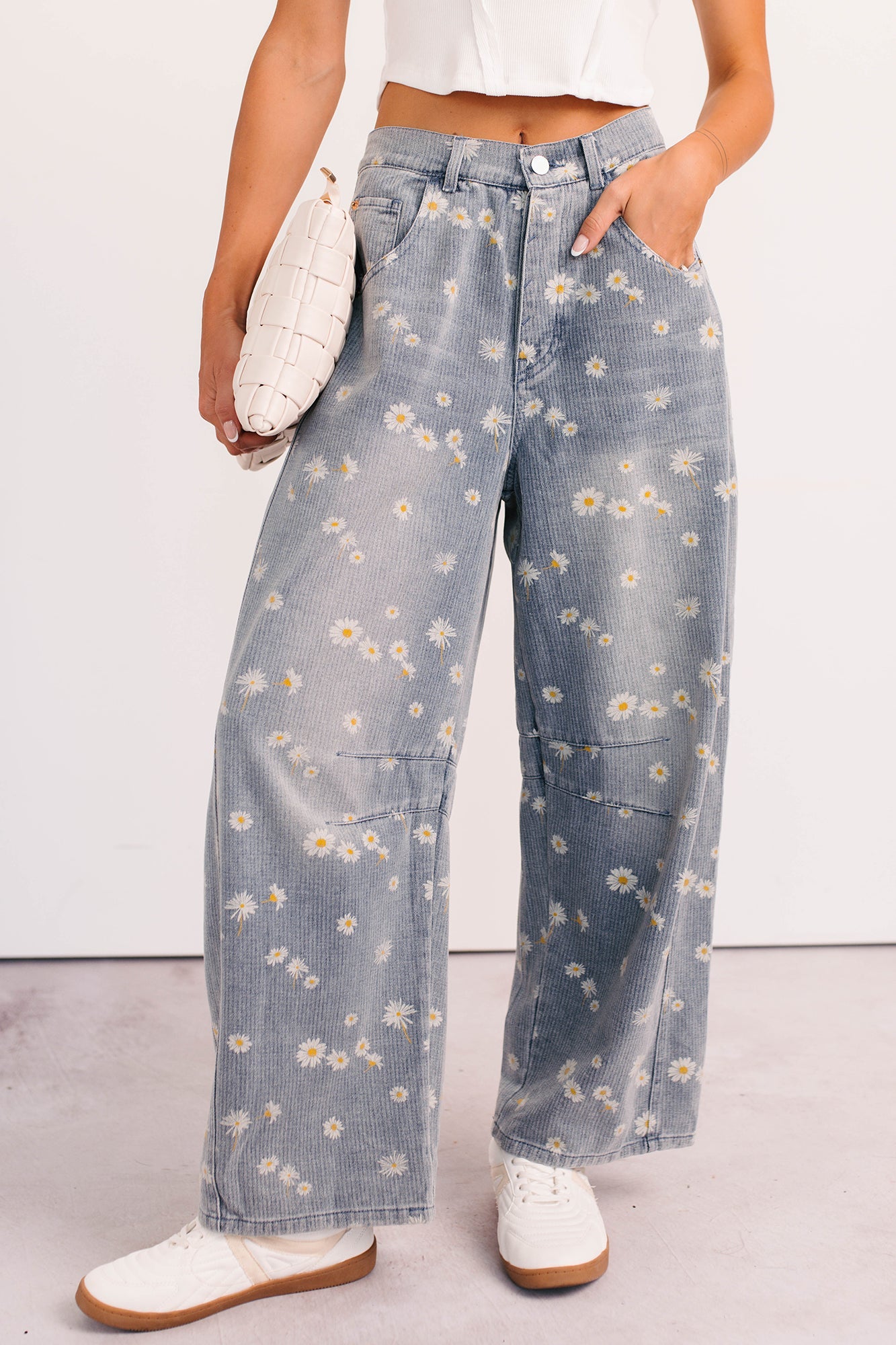 Rae Floral Stripe Wide Leg Barrel Jeans (Denim)