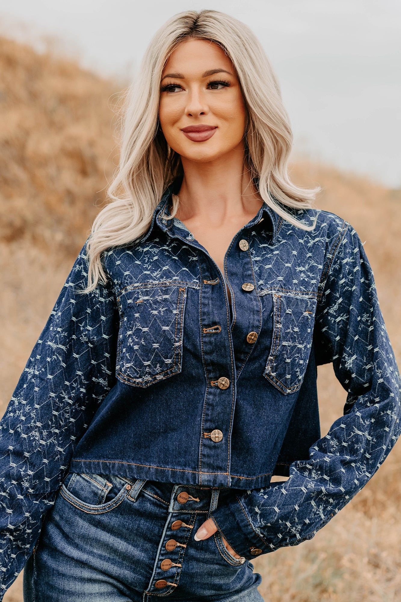 Say Less Do More Patterned Denim Jacket (Dark)