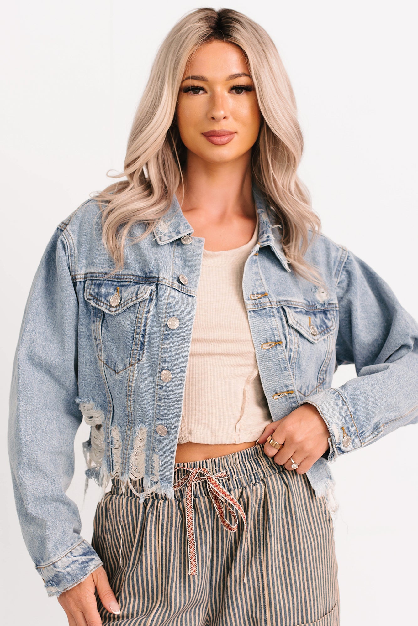 Standing Tall Signature 8 Distressed Denim Jacket (Medium Denim)