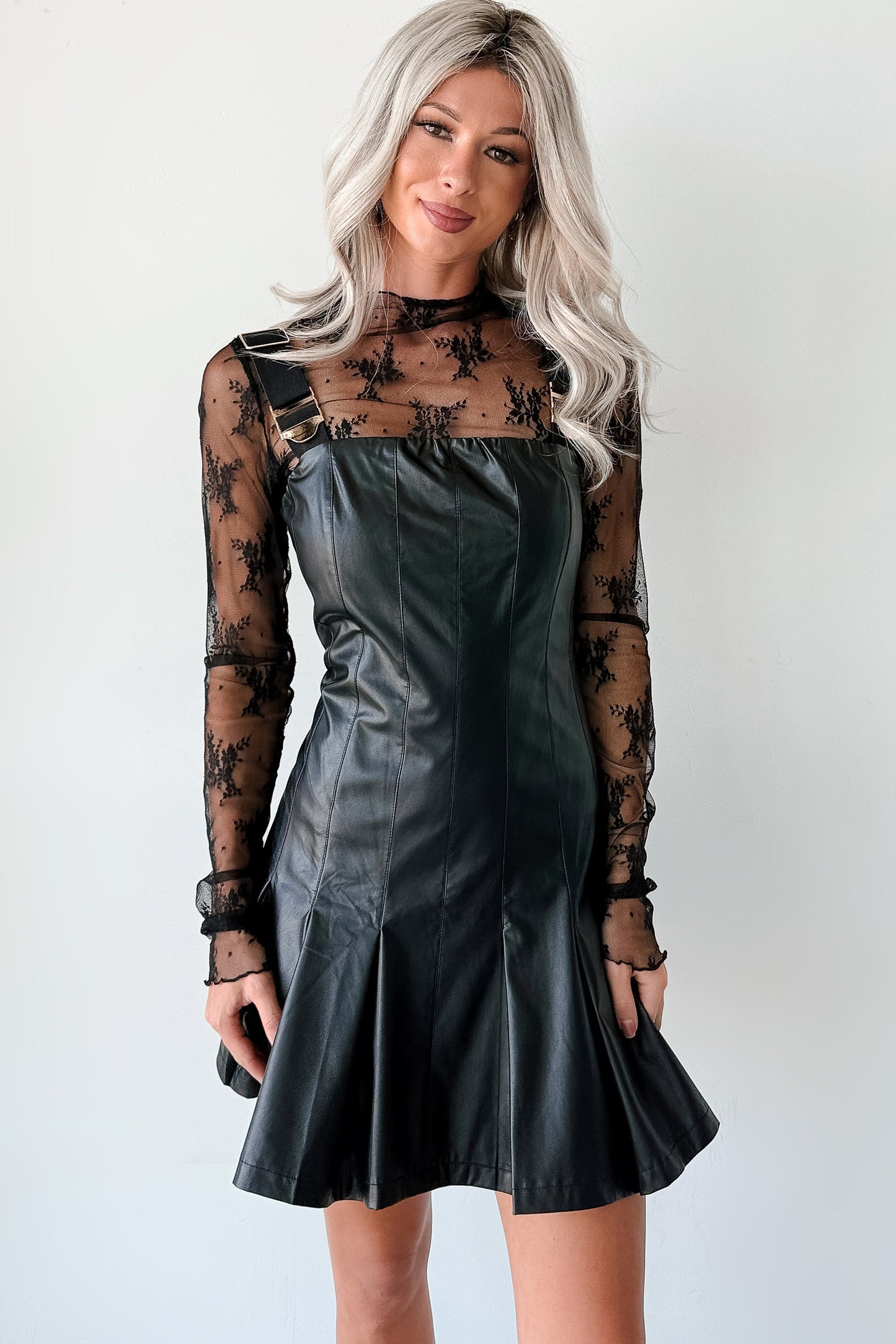 One Of None Pleated Faux Leather Dress (Black)