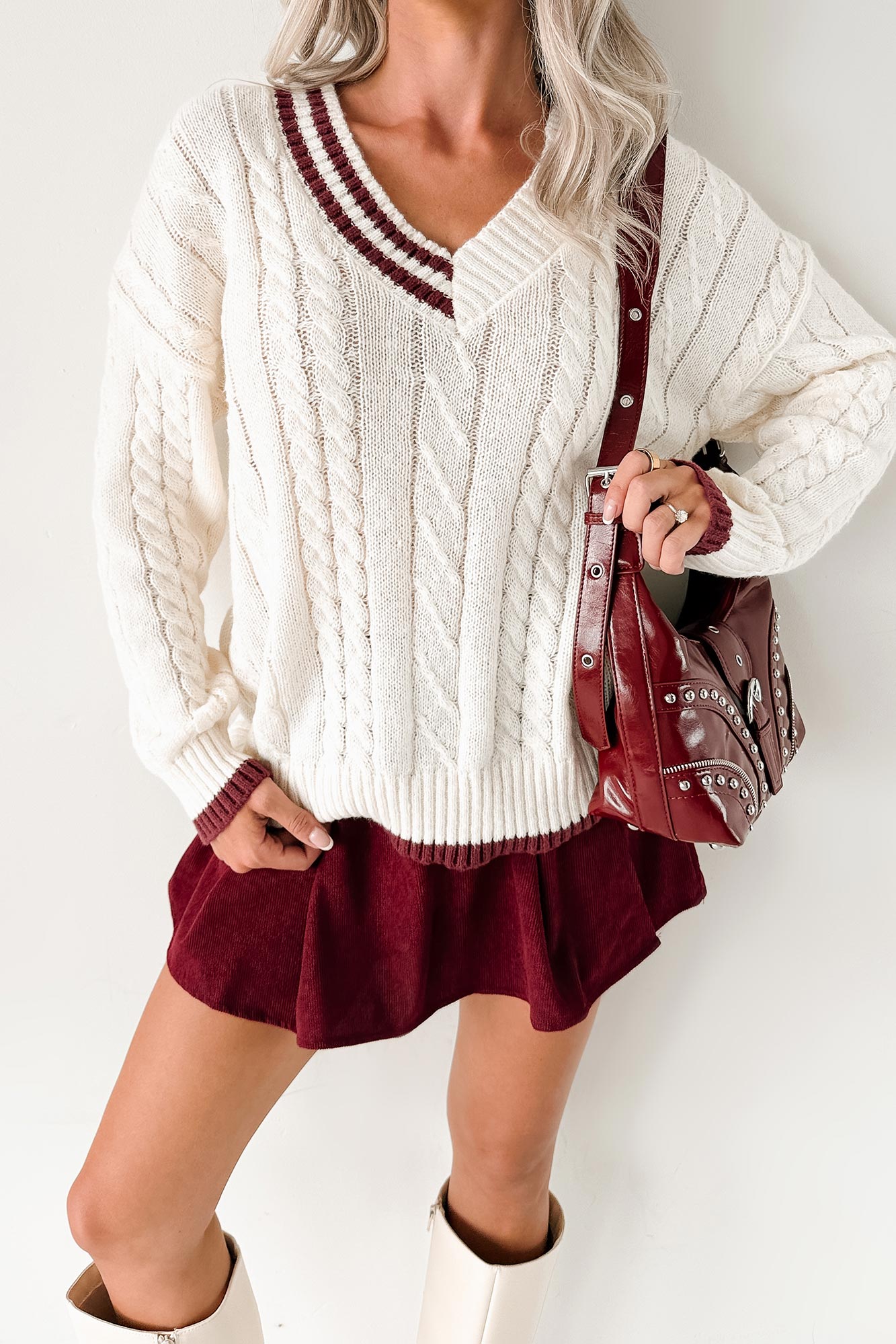 Woven Stories Cable Knit V Neck Sweater (Cream)