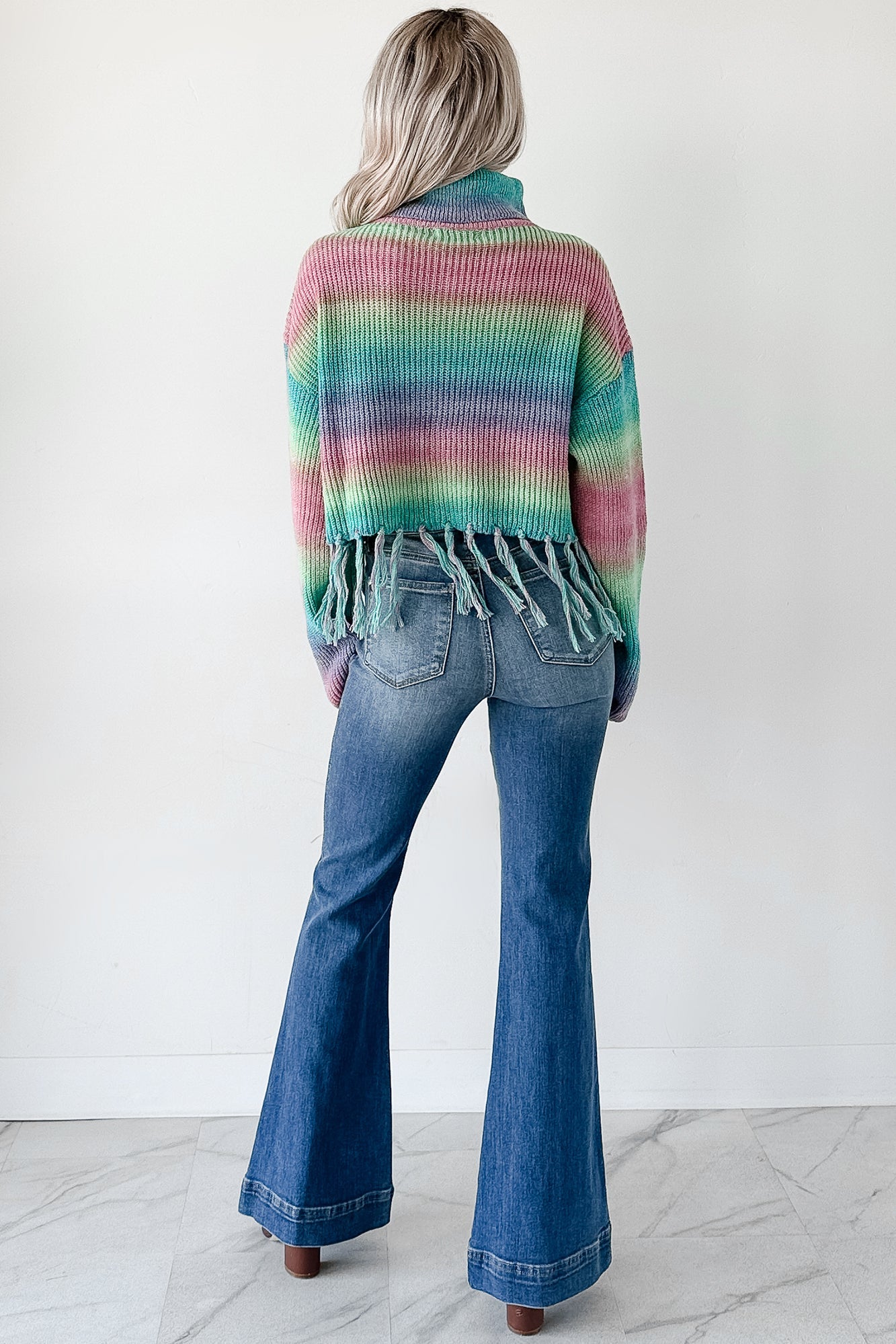 Life In Color Ombre Stripe Tassel Sweater (Sage Rainbow)