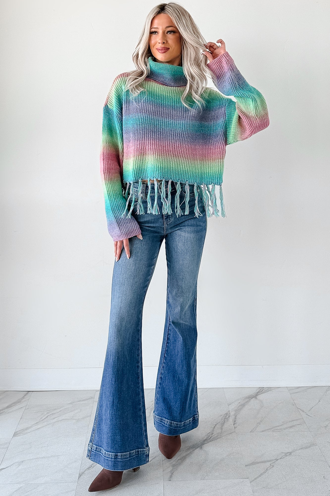 Life In Color Ombre Stripe Tassel Sweater (Sage Rainbow)