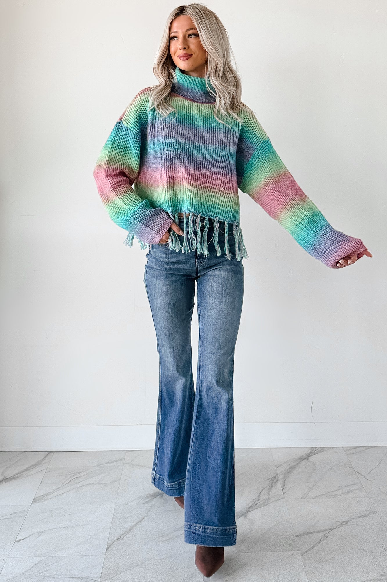 Life In Color Ombre Stripe Tassel Sweater (Sage Rainbow)