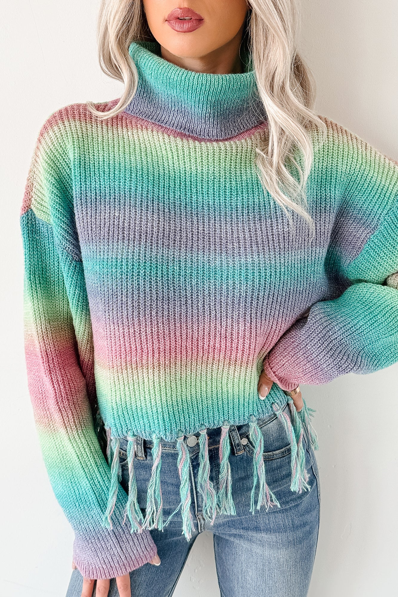 Life In Color Ombre Stripe Tassel Sweater (Sage Rainbow)