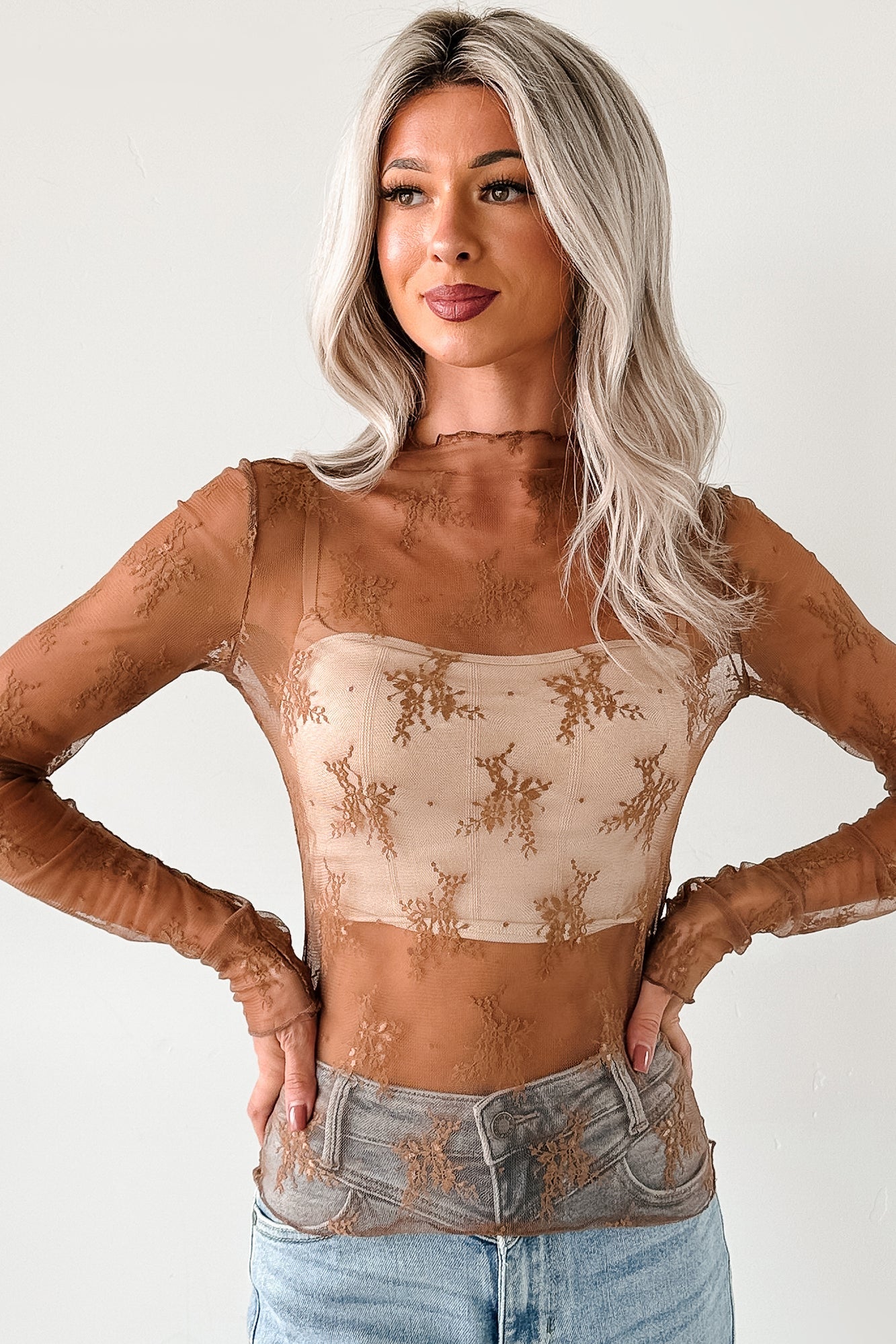 Living For The Likes Lace Long Sleeve Top (Mocha)