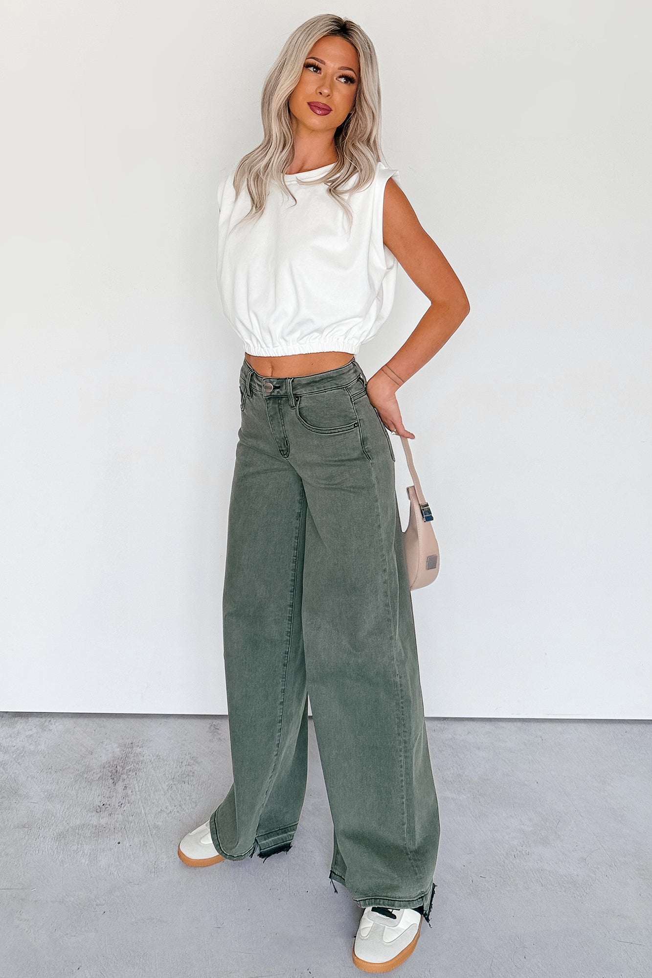 Valencia High Rise Wide Leg Mica Denim Jeans (Dark Green)