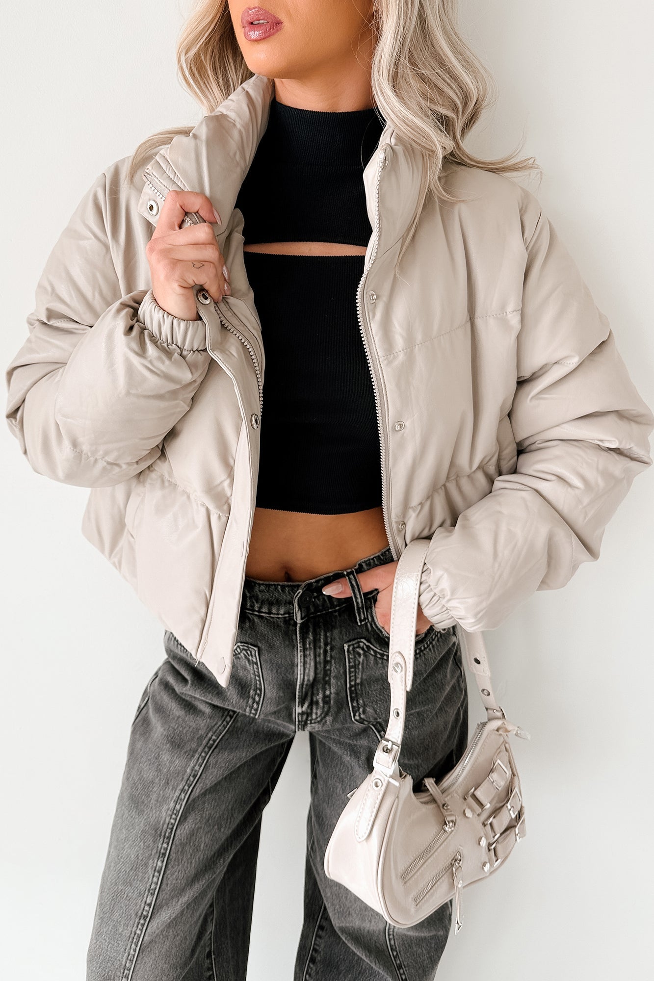 Shine Your Way Faux Leather Puffer Jacket (Taupe)