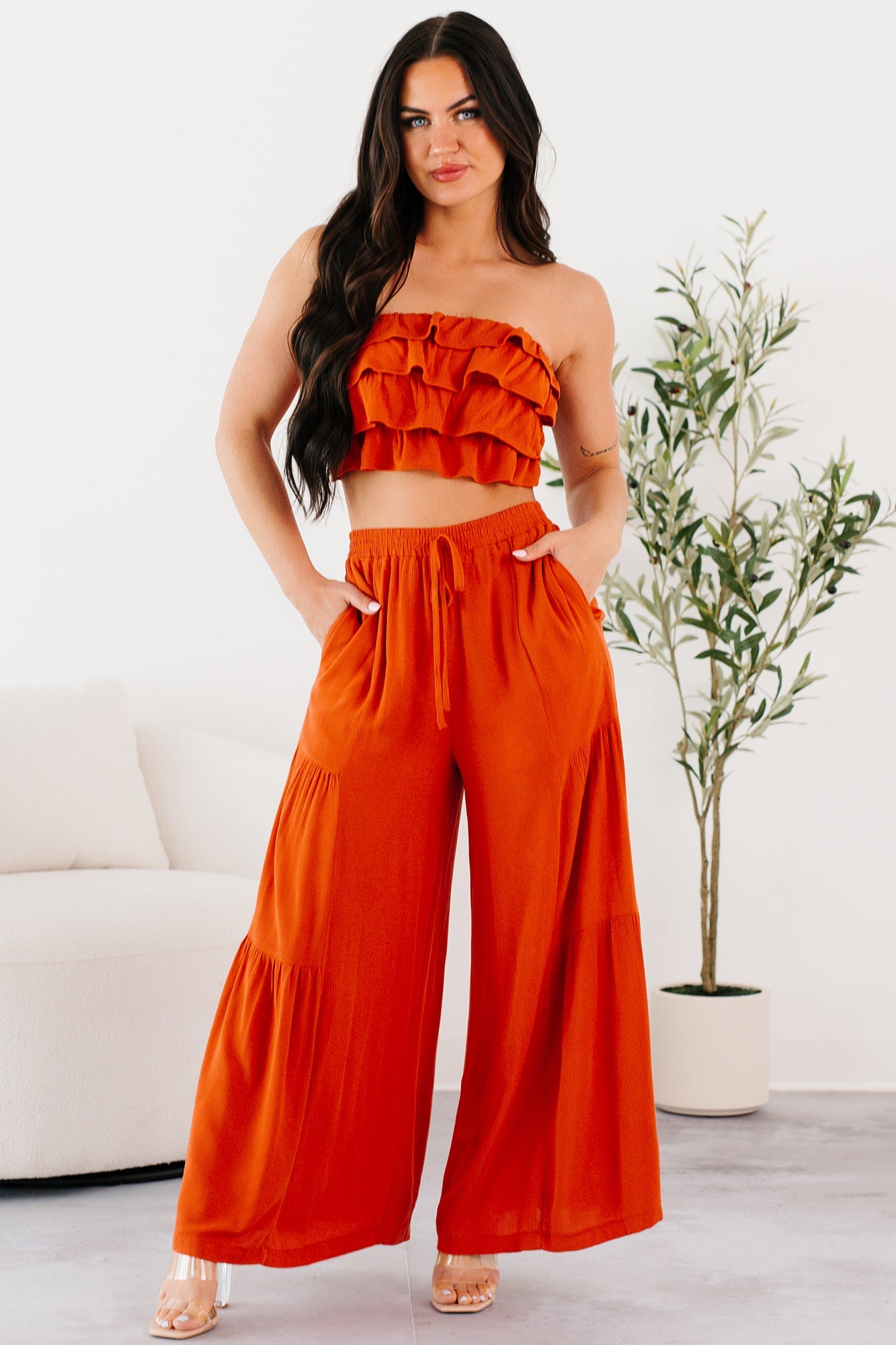 Vivid Blooms Ruffled Tube Top & Pant Set (Rust)