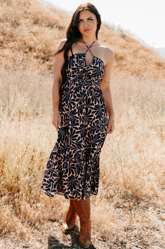 Purpose Driven Printed Halter Midi Dress (Navy/Clay)