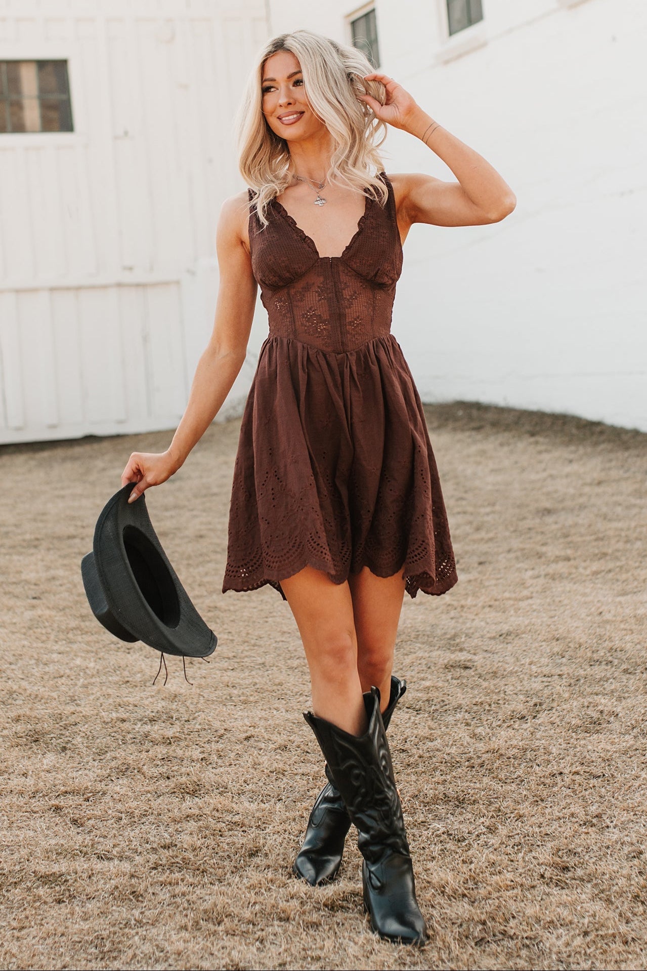 Southern Belle Energy Corset Fit And Flare Mini Dress (Brown)