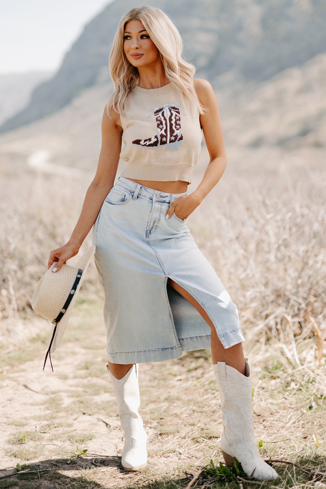 Skirtin' Around High Rise Denim Midi Skirt (Light)